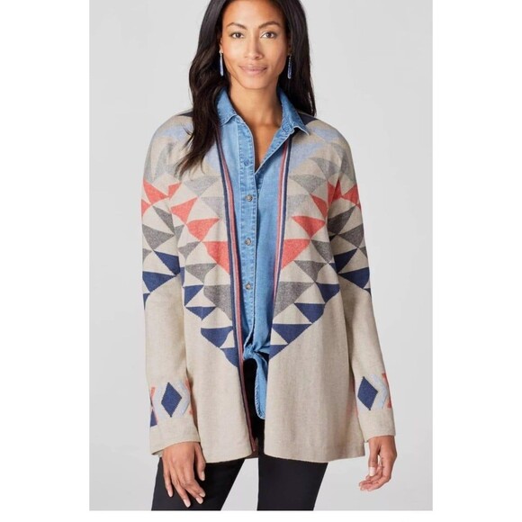 J.Jill Intarsia Aztec southwestern boho open front cardigan. - Picture 2 of 11